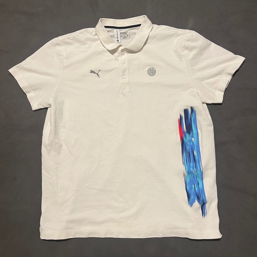 Puma BMW Motorsport Racing Short Sleeve Polo Shirt XXL White Graphic Logo Casual